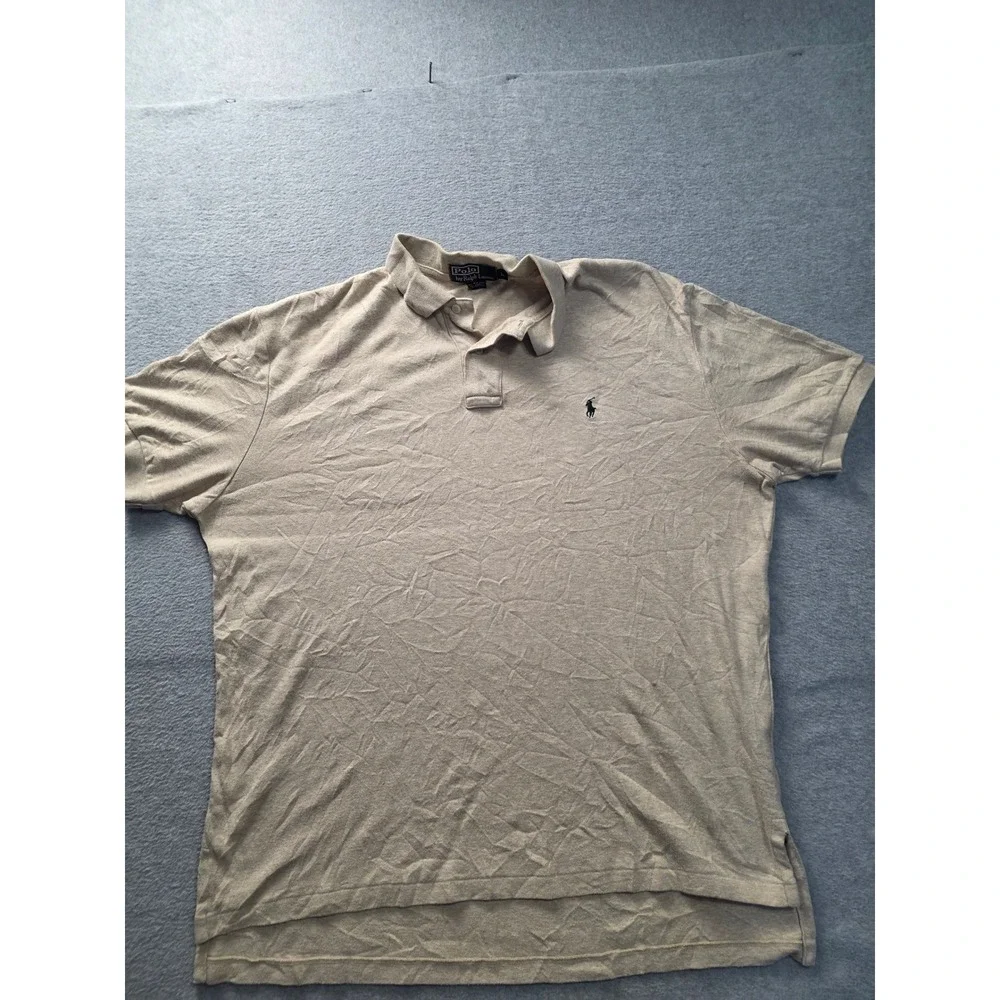 Polo Ralph‎ Lauren Mens Large Tan Beige Short Sleeve Cotton Pique Pony Logo Polo